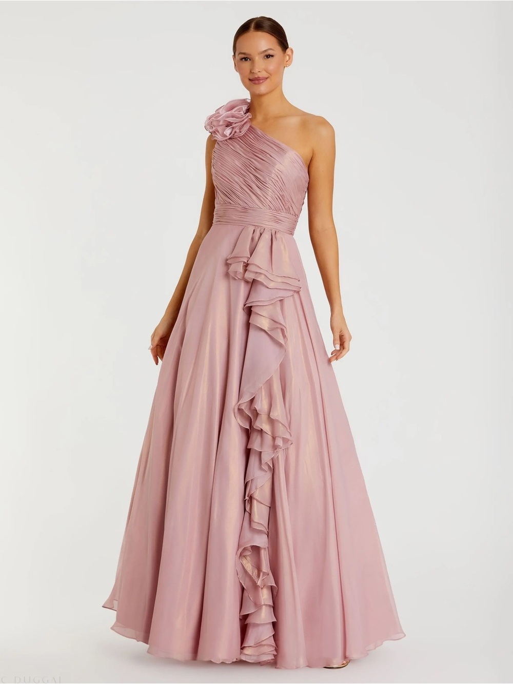 Mac Duggal Pink Iridescent One Shoulder Rosette Ball Gown 12